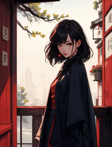 anime girl in kimono outfit standing in front of a red door