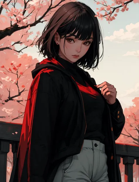 anime girl with black hair and red cape standing on a bench