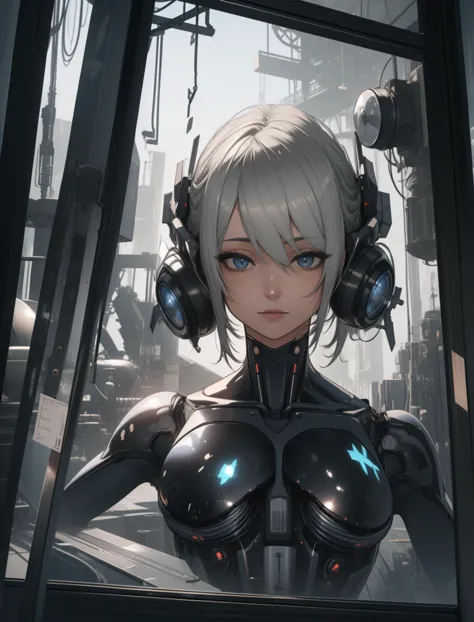 a close up of a woman in a futuristic suit with headphones