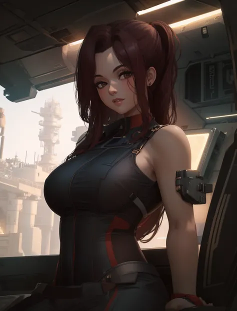 ( masterpiece, best quality, highres:1.3) <lora:CyberClaire:0.8> CyberClaire, 1girl, long hair, brown eyes, on space station, stars and space background