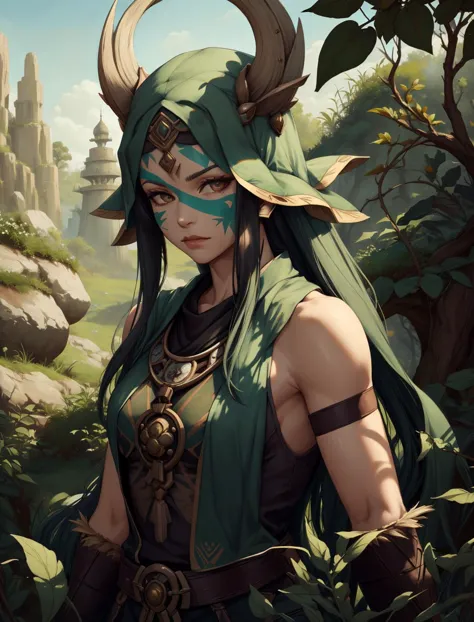 a woman with horns and a green outfit standing in a forest