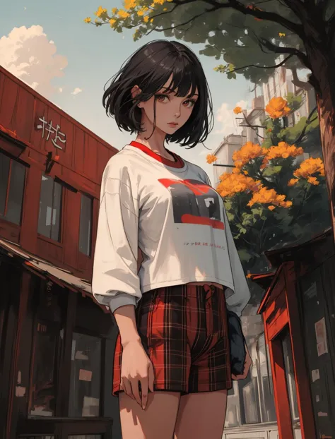 1girl,solo,short pink gym shorts,flower,t-shirt,outdoors,whiteflower,plaid,long sleeves,looking at viewer,standing,black hair,unmoving pattern,short hair,realistic,nature,tree,red hair, <lora:redlikerosesv3:0.6>