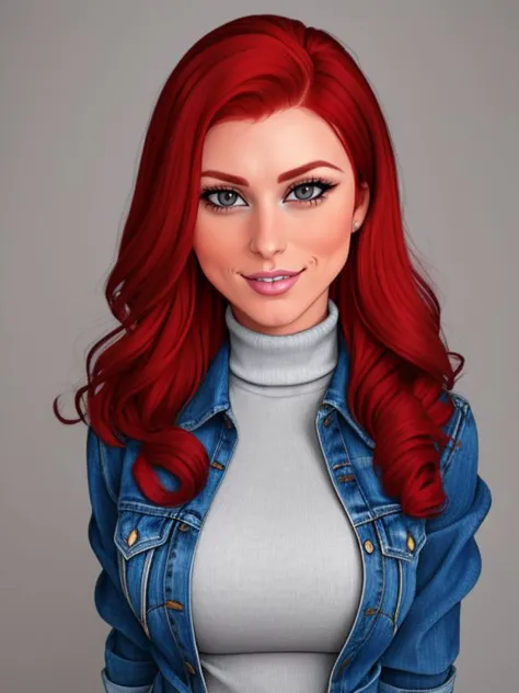 a woman with red hair and a blue jacket