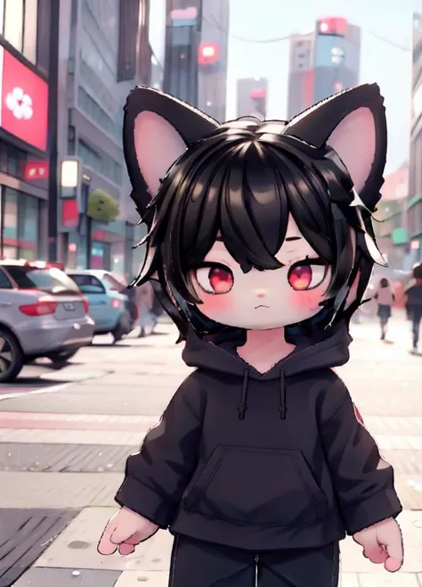 anime girl with black hair and red eyes standing on a city street