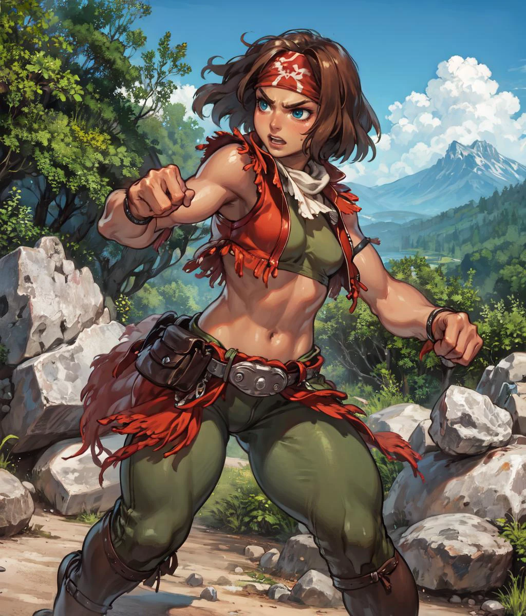 masterpiece, high res, detailed face, detailed eyes, anime screencap, 1 girl, angry, punching, energy, aura, brown hair, blue eyes, dark skin, short hair, bandana, red vest, orange belt, green tighs, outdoors, ountain, full body, cowboy shot,  outdoors, mountain, broken rocks 