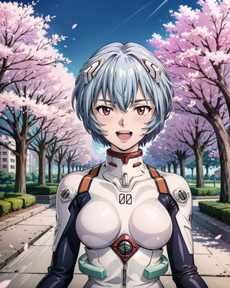 1girl, ayanamirei, plugsuit, interface headset, looking at viewer, shy, open mouth, light smile, city park, cherry blossoms, upp...