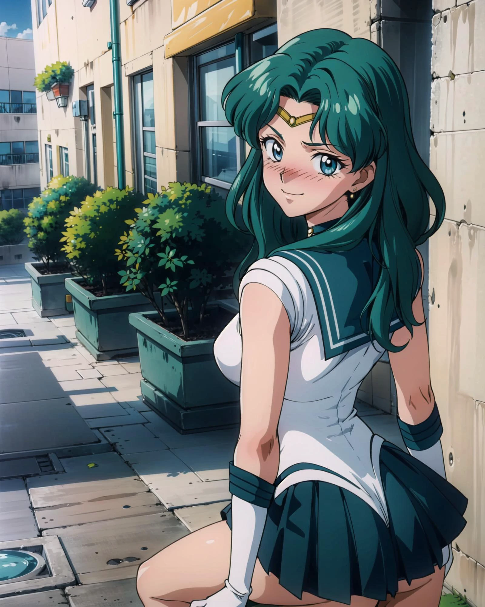bent over, from behind, 1girl, sailor neptune, mature female, aged up, small breasts, aqua eyes, dark green hair, medium hair, (sailor senshi uniform:1.1), (back bow:0.75), white elbow gloves, plead skirt, looking at viewer, alley, (blush:1.2), smirk, ass, 1990s \(style\), masterpiece, best quality, perfect composition, 