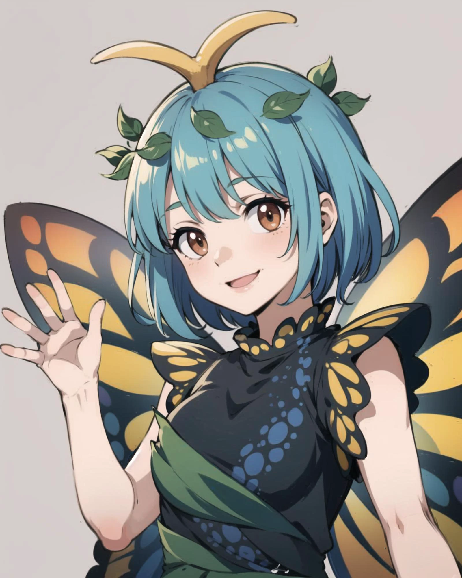 masterpiece, best quality, 1girl, antennae, leaf on head,short hair, aqua hair, brown eyes, butterfly wings, short sleeves, multicolored clothes,multicolored dress,fairy,grey background, smile