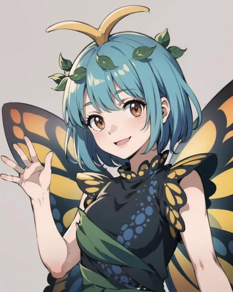 masterpiece, best quality, <lora:EternityLarva:1>,1girl, antennae, leaf on head,short hair, aqua hair, brown eyes, butterfly win...