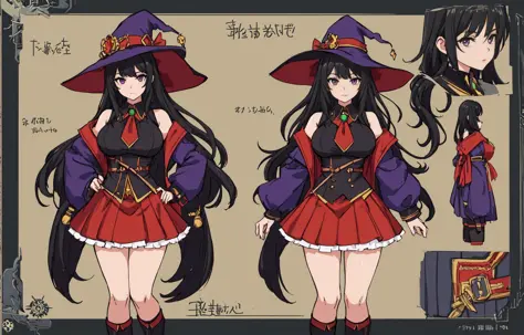 charturnerv2, mature female, full body, large breast, black hair, tied hair, purple eyes, witch hat, short skirt, red skirt, green upper costume, witch, same outfit, concept-art, full body, detail_face, line_sketch, PlanIt, official art, official alternate costume, costume details, design style, multi style, detail character, 4_side, original, 8K GC, massive detail, multiple views of the same character, no background, only detail character, technical illustration, multiple views,masterpiece,best quality