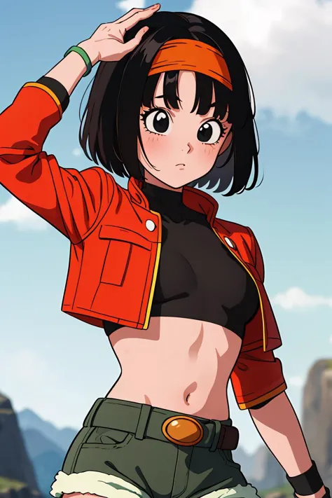 (masterpiece, best quality), 1girl, <lora:DBH_Pan_v1:1> pan,1girl,solo,short hair,bangs,black hair,orange headband,black eyes,  belt,crop top,red jacket,crop jacked,green shorts,turtleneck,