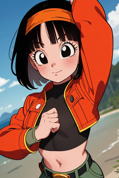 (masterpiece, best quality), 1girl, <lora:DBH_Pan_v1:1> pan,1girl,solo,short hair,bangs,black hair,orange headband,black eyes,  belt,crop top,red jacket,crop jacked,green shorts,turtleneck,