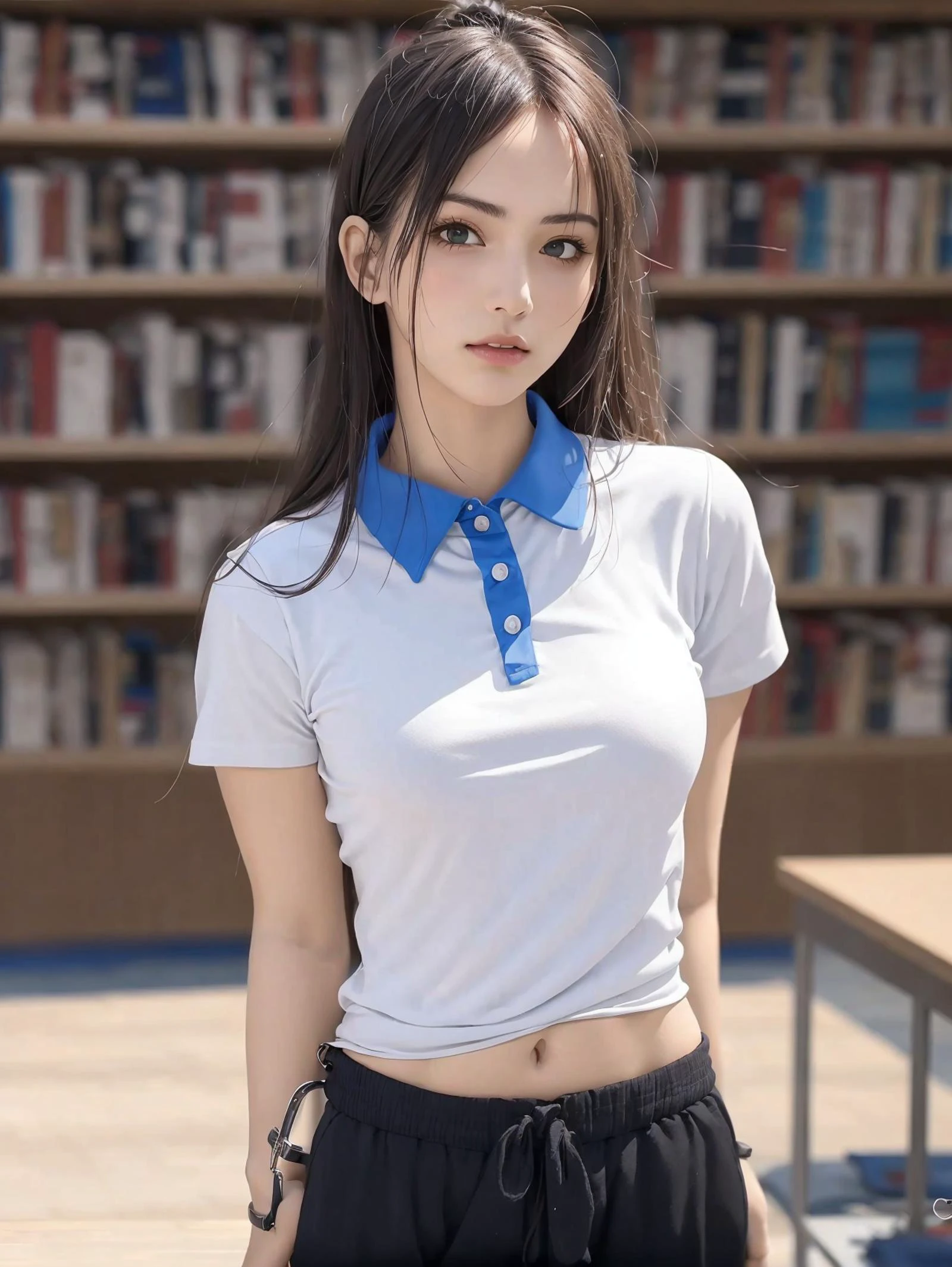 Best quality, masterpiece, ultra high res, RAW photo, (photorealistic:1.4), 1girl, detailed face, cowboy shot, in (white shirt with blue collar, black sweatpant) (narrow waist:1.2), long hair, in the library, bokeh, beautiful lighting, model posing