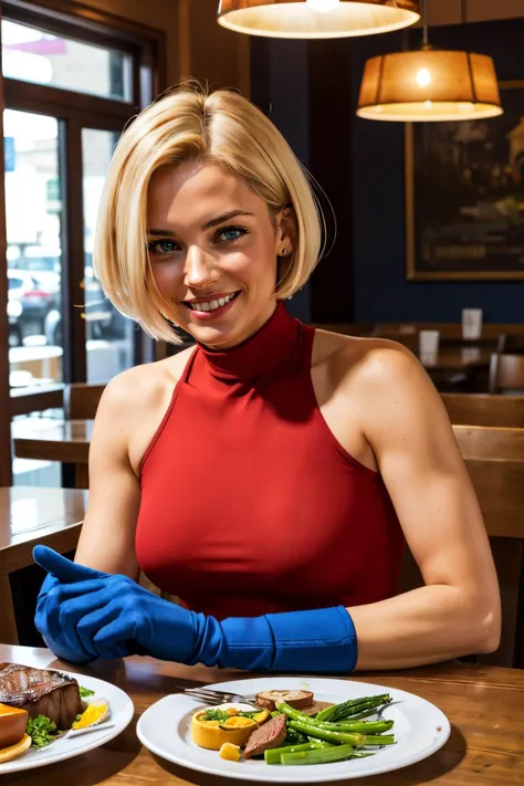 BlueMary, short blonde hair,blue eyes, red turtleneck, sleeveless tankop, fingerless gloves, looking at viewer, smiling, upper b...