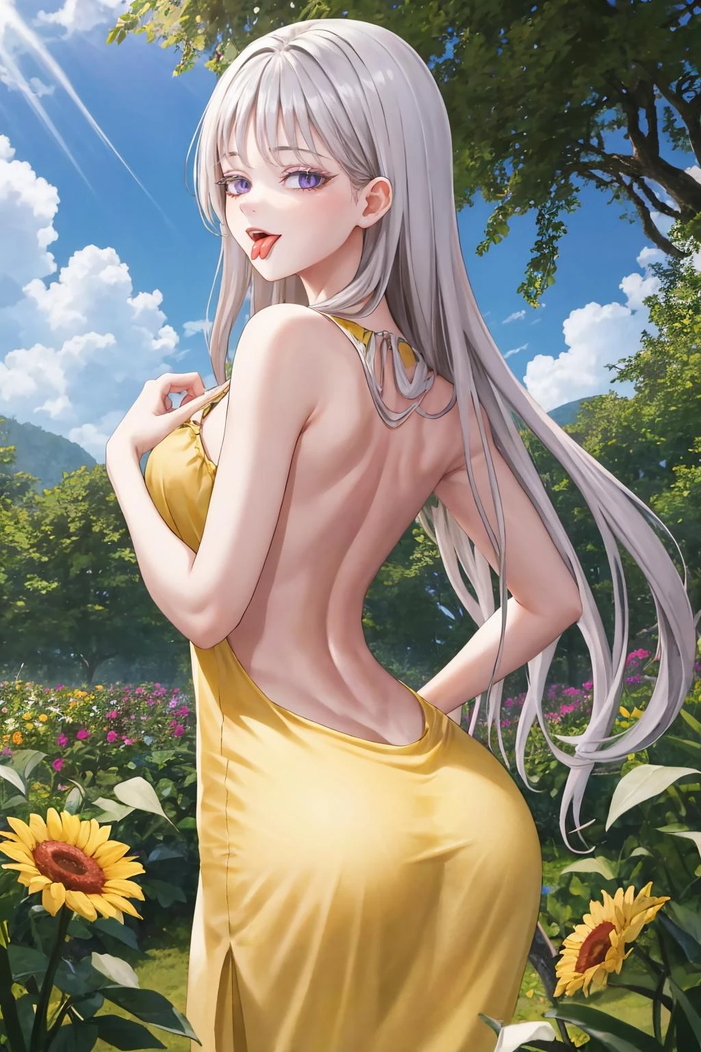 masterpiece, best quality, 1girl, solo, cheonadef, looking back, (yellow sundress:1.3), garden, ass, backless outfit, sunlight, sunbeam very long hair, forked tongue, tongue out, open mouth, purple eyes, slit pupils, (half-closed eyes, smug:0.8),