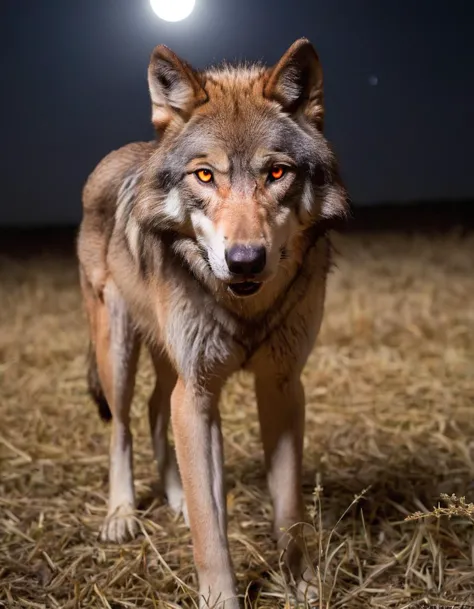 a wolf in a field, natural lightning, glooming red eyes, haze, midnight, moon, looking at camera, closeup