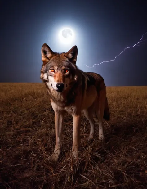 a wolf in a field, natural lightning, glooming red eyes, haze, midnight, moon, looking at camera