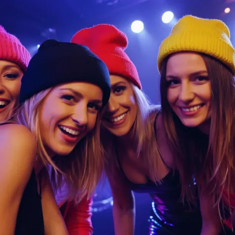 a group of women having fun in a nightclub in sweden, funny hats,  view to camera, full body,  realistic, 4k, sharp focus, detailed,