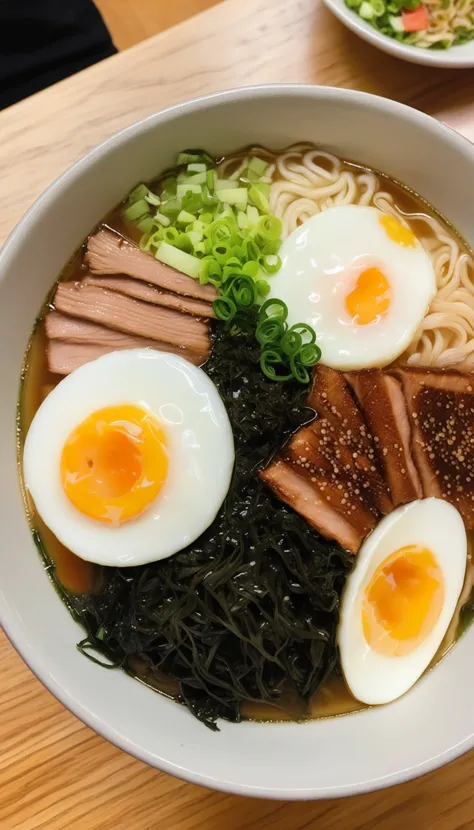 bowl of steaming hot ramen noodles, with a variety of toppings including sliced pork, boiled egg, green onions, and a sheet of nori (dried seaweed). The broth looks rich and flavorful, likely made from a combination of chicken, pork, and dashi.