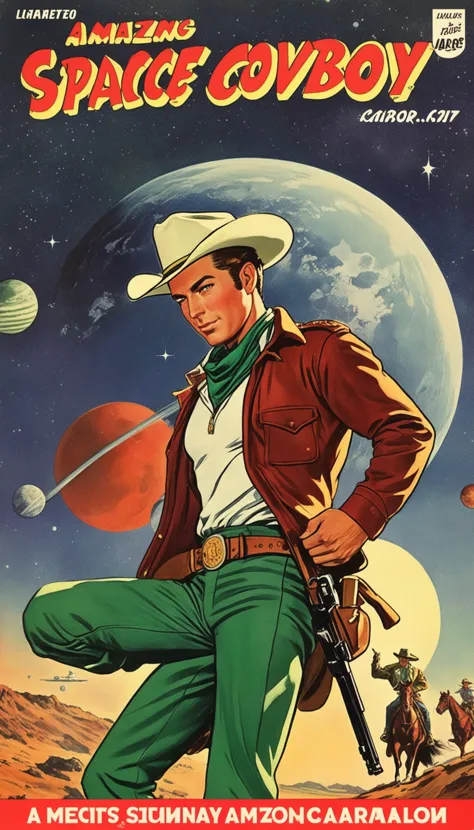 a cover for a comic book, a comic book cover about all space cowboy, 1 cowboy wearing a hat in the style of amazing stories, 194...