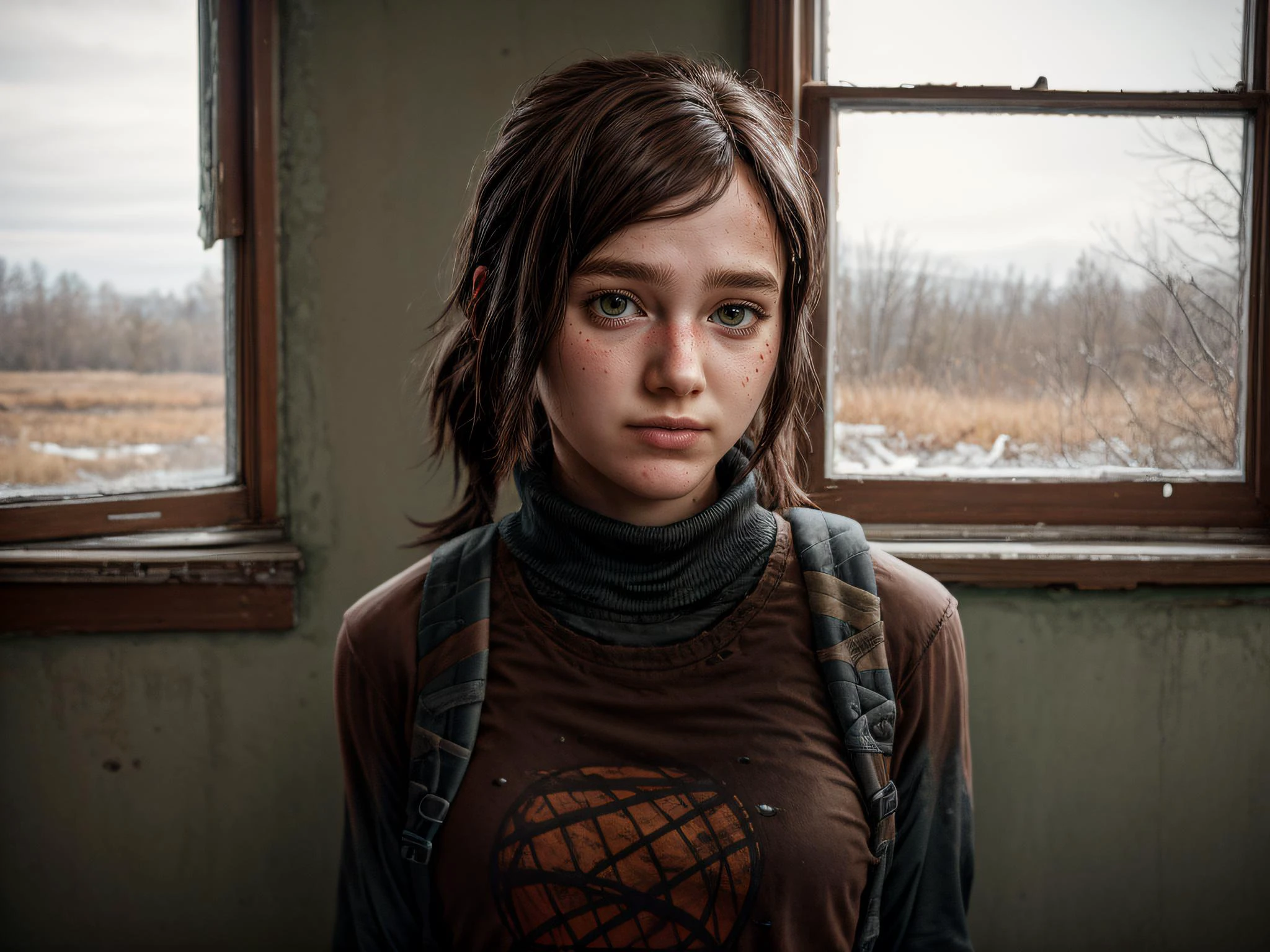 compleja fotografía a todo color de Ellie, niña de 13 años, usando un jersey de cuello alto o una camiseta marrón, posando cerca de la ventana, casa antigua abandonada, mirando al espectador, composición de personajes épicos, albi albi, nina masic, enfoque nítido, iluminación natural, dispersión del subsuelo, Obra maestra, Híper realista, f2, 35mm  