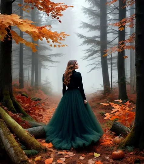 a beautiful woman, cozy autumn themed forest, dense trees, dark forest, thick ground fog, nature, fall decor, autumn elements