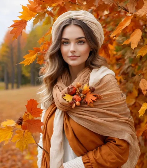 a beautiful woman, cozy autumn themed ruched, gauzy, fine and delicate, autumn colors, ruched, fall decor, autumn elements