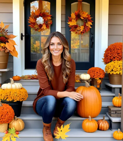 a beautiful woman, cozy autumn themed deck, harmonious autumn colors, inspired by home decor magazines, fall decor, autumn eleme...