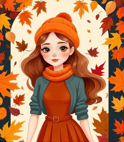 a beautiful woman, Cozy Autumn themed Cartoon, vivid colors, captivating, enchanting, Autumn, American cartoon style, fall decor, Autumn elements