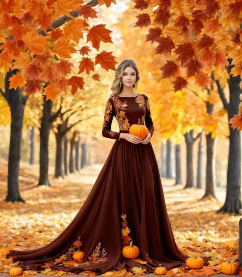 a beautiful woman, cozy autumn themed dress, intricate, ornate, flowing gown, fall colors, delicate, graceful, fall decor, autum...