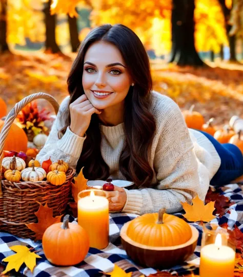 a beautiful woman, cozy autumn themed picnic, beautiful lighting, autumn, fall decor, autumn elements