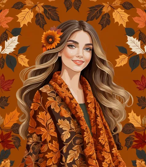 a beautiful woman, cozy autumn themed brocade, tapestry-like, lush, intricate, autumn, limited color palette, brocade, fall deco...