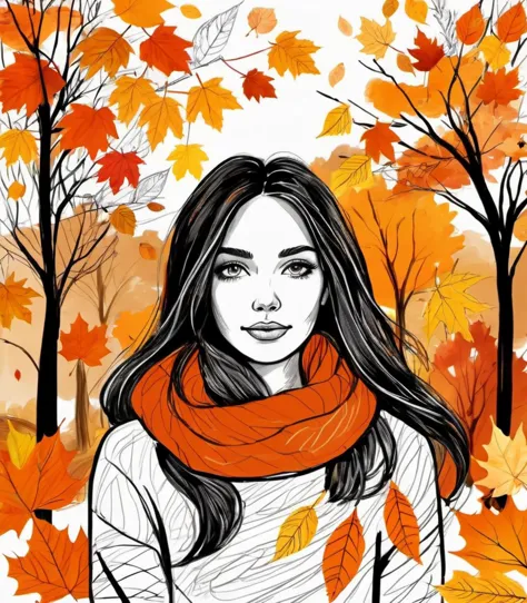 a beautiful woman, cozy autumn themed scribble, playful drawing, autumn, high contrast, scribble, fall decor, autumn elements