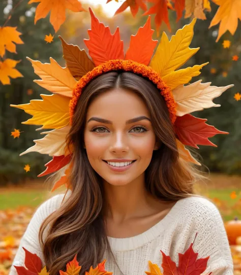 a beautiful woman, cozy autumn themed starburst, radiating, color burst, autumn, fall decor, autumn elements