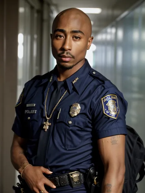 <lora:2pacv2:0.6> 2pac, 1boy, solo, facial hair, jewelry, looking at viewer, bald, (police uniform)