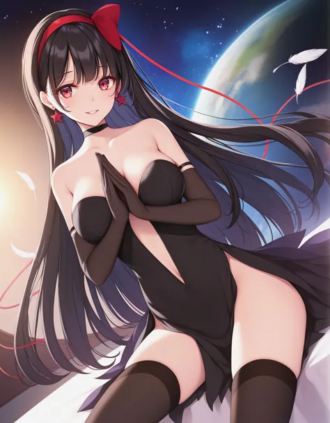 score_9, score_8_up, score_7_up, best quality, masterpiece, 4k, uncensored,  prefect lighting,  rating_explicit, very aesthetic,  nai3, 1girl, akuma homura, solo, long hair, black hair, gloves, elbow gloves, black gloves, looking at viewer, dress, bare sho...