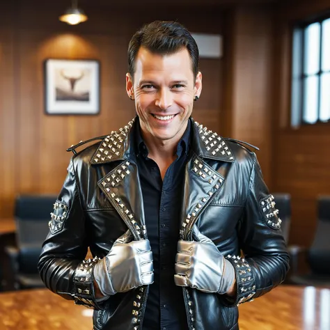 arafed man in a leather jacket and gloves posing for a picture