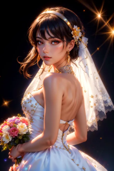 (best quality, masterpiece, colorful, dynamic angle, highest detailed), upper body shot, fashion photography of <lora:yor_briar:0.7> yor_briar, red eyes, hairband, jewelry, earrings, hair ornament, gold hairband,   bridal, wedding, veil, dress, gown, tiara, bouquet, flowers, celebration, love, commitment, devotion, unity, <lora:epi_noiseoffset2:0.8>, (ultrahigh resolution textures), bokeh, light passing through hair, (abstract background:1.3),(official art)