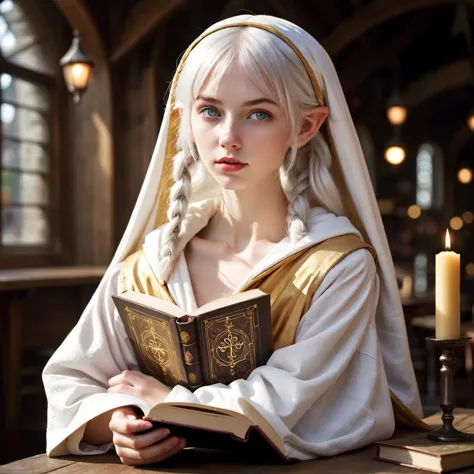 breathtaking 19yo,female,frieren,white hair,(twintails:1.1),magic books,face focus,green eyes,expressionless,tavern,medieval,white and gold priest robe with lowered hood,(pointy ears:1.2),half-closed eyes,realistic,photo,stunning details,elf,sweet,round fa...