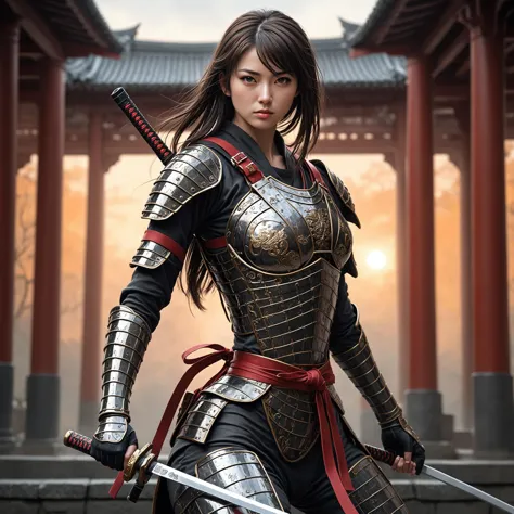 A sleek, modern katana-wielding heroine gazes confidently into the distance, her slim figure exuding strength and determination....