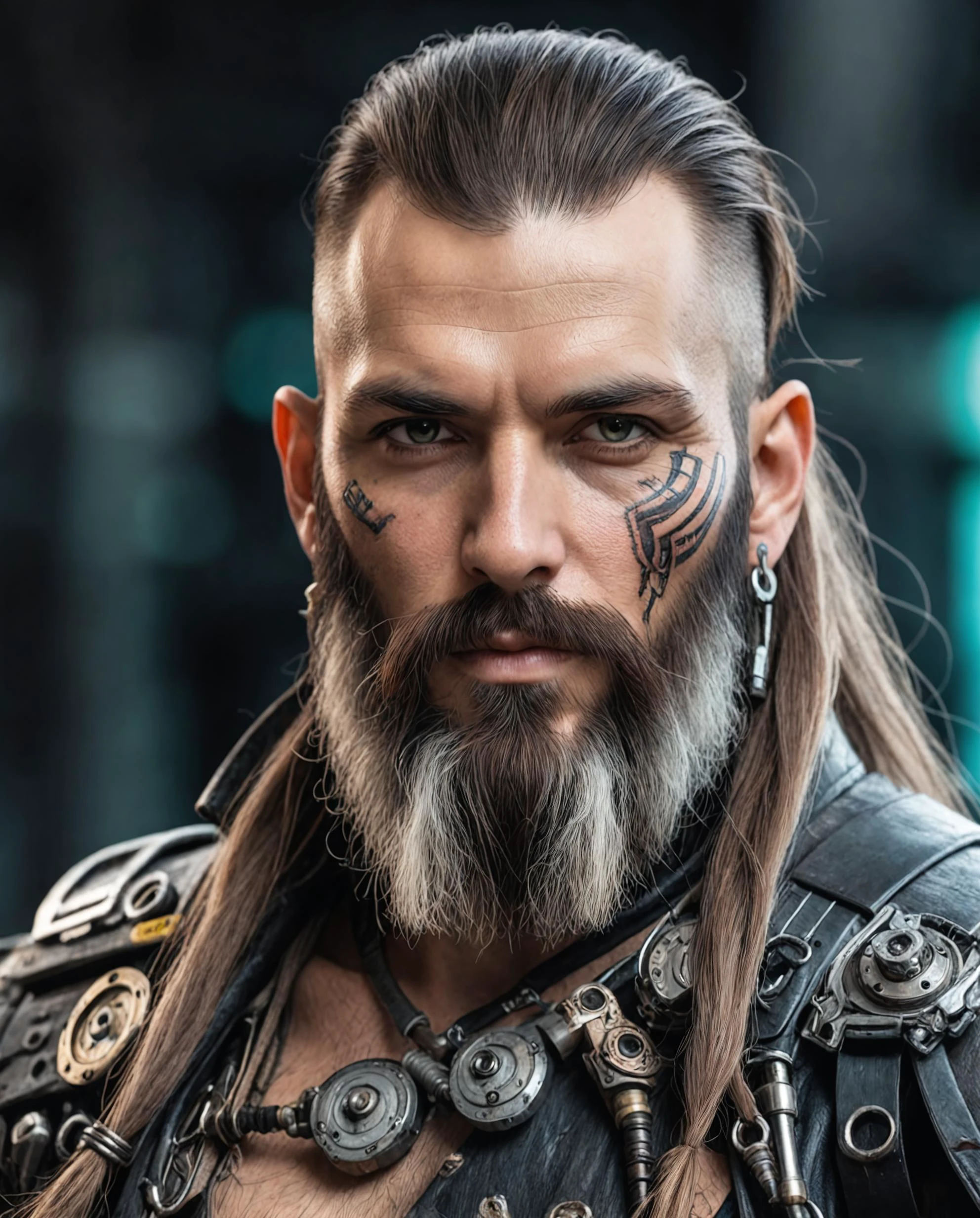 лицо портрет пирата киберпанка, длинная борода