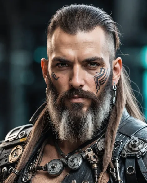 face portrait of a cyberpunk pirate, long beard