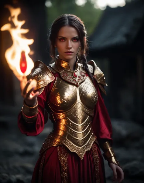 cinematic film still, a mage woman, gold plated armor, silk clothes, wrathful red eyes,  dark atmosphere, holding a fire orb,  shallow depth of field, vignette, highly detailed, high budget, bokeh, cinemascope, moody, epic