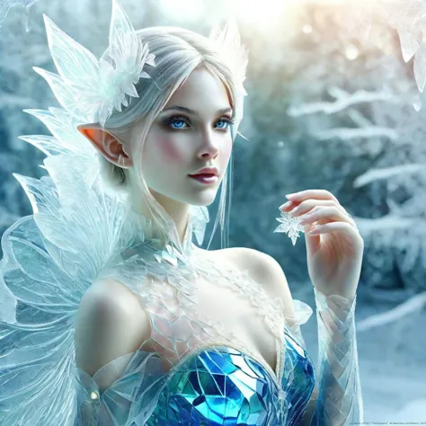 Elves, <lora:SDXLFrosted:1> FrostedStyle beautiful female Elve with Elve ears, focus on face, beautiful bright and sharp blue ey...