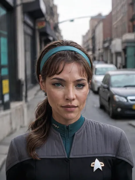 woman with a headband, in black and grey ds9st uniform,teal collar,on a street next to a car<lora:DS9XL:0.8>