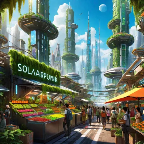 Create a mesmerizing artwork capturing a bustling futuristic solarpunk cityscape. The scene showcases a vibrant sustainable peop...