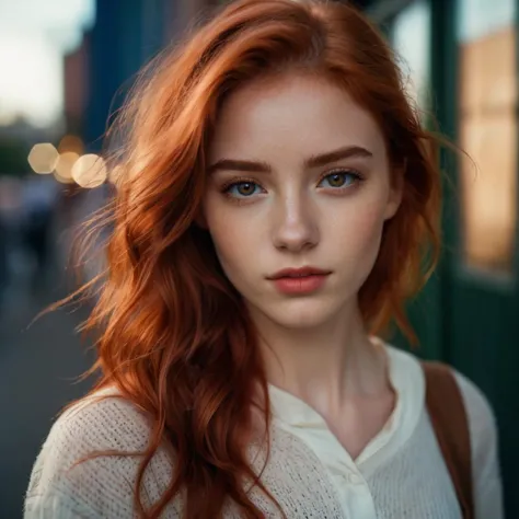 photo of 20 y.o. random girl, stands half-turned, (upper body:1.2), perfect eyes, red hair, looks at viewer, cinematic shot, hard shadows, RAW candid cinema, 16mm, color graded portra 400 film, remarkable color, ultra realistic, textured skin, remarkable d...