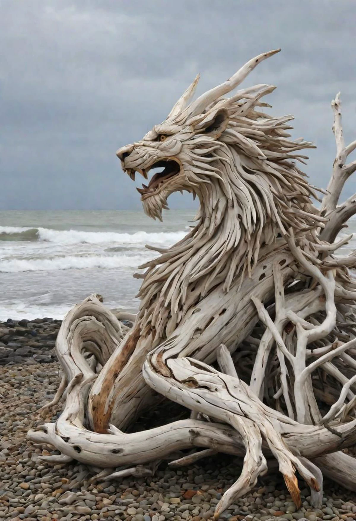 quite ((cahotic)) sculture made of drift wood irregular branches and a few trunks composing all together an overall shape similar to an undefined ((lion)) (((like dragon of Vaia))), some wood pieces are quite bleached by the sun and salted sea, on a rock on the shore, (((birds in the background))), at the evening, storming sea and leaden sea behind, photorealistic
