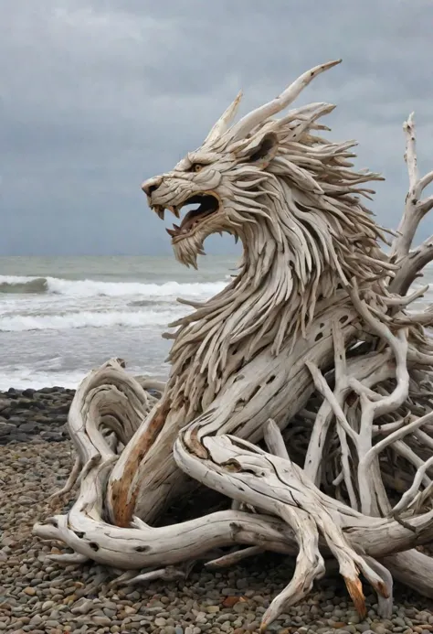 quite ((cahotic)) sculture made of drift wood irregular branches and a few trunks composing all together an overall shape simila...