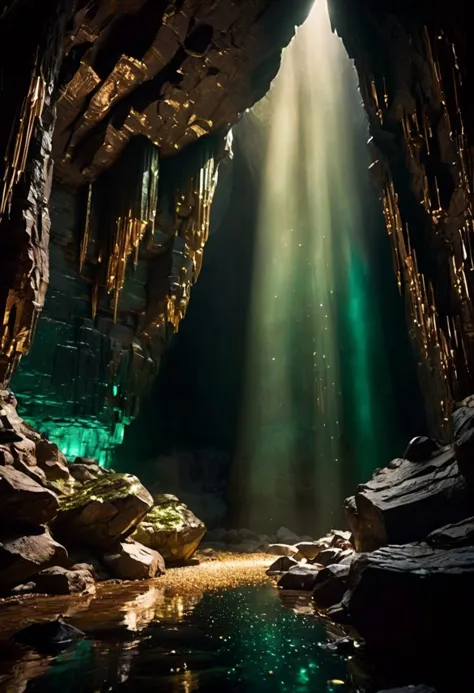 (dark), giant dark cave wall interveined with emeralds and gold, tiny beams of light reflecting in glimmering jewels, intricate details, natural stone, extremely detailed, cinematic lighting, film shot, film grain, sharp focus, dark atmosphere